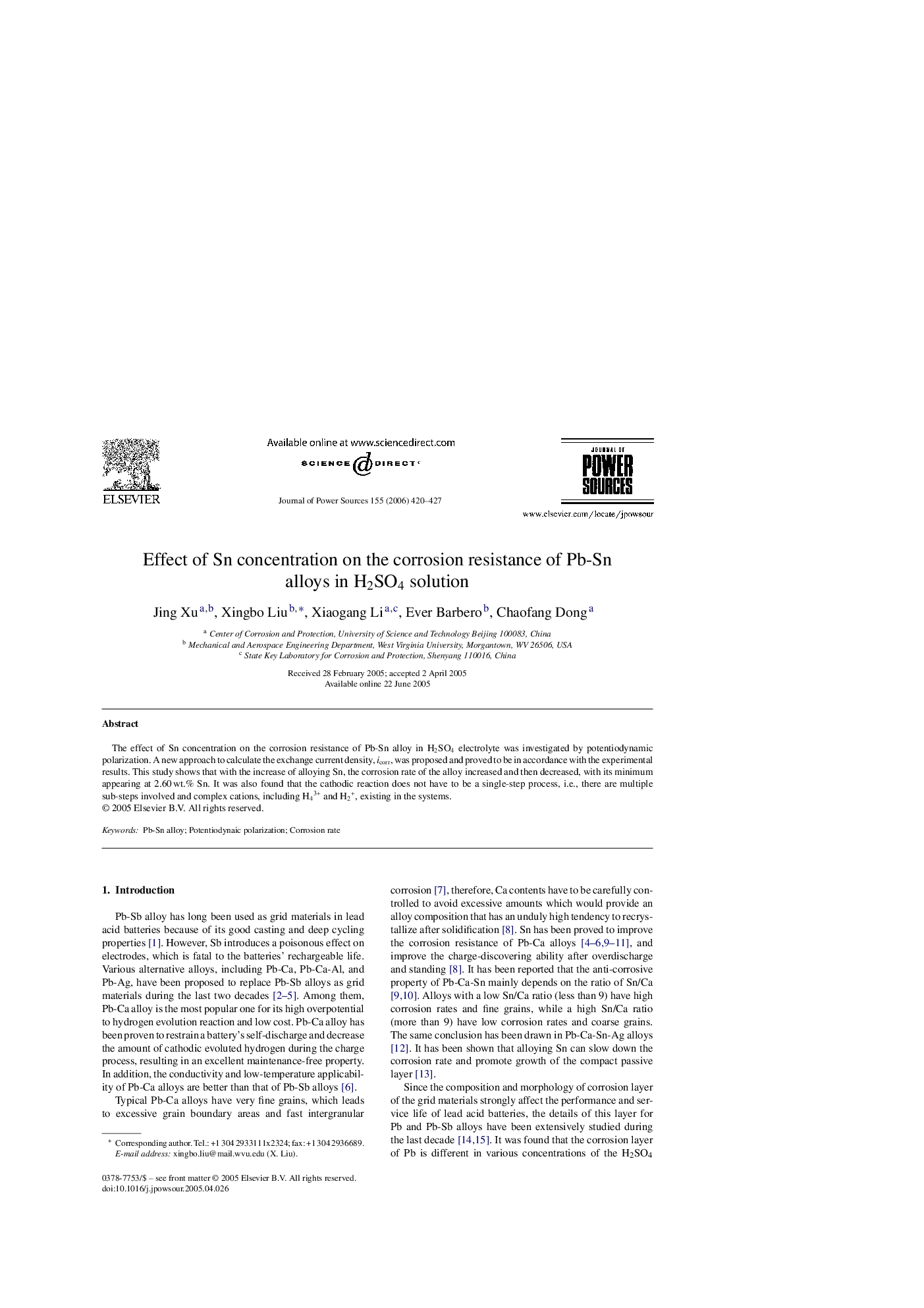 Effect of Sn concentration on the corrosion resistance of Pb-Sn alloys in H2SO4 solution