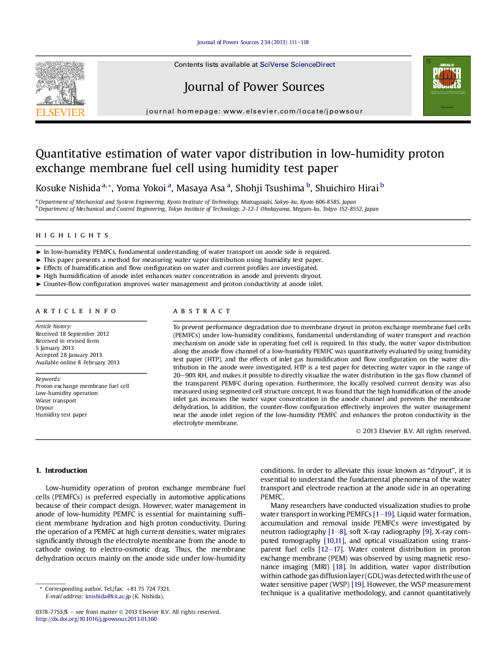 Quantitative estimation of water vapor distribution in low-humidity proton exchange membrane fuel cell using humidity test paper