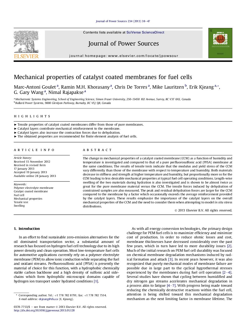 Mechanical properties of catalyst coated membranes for fuel cells