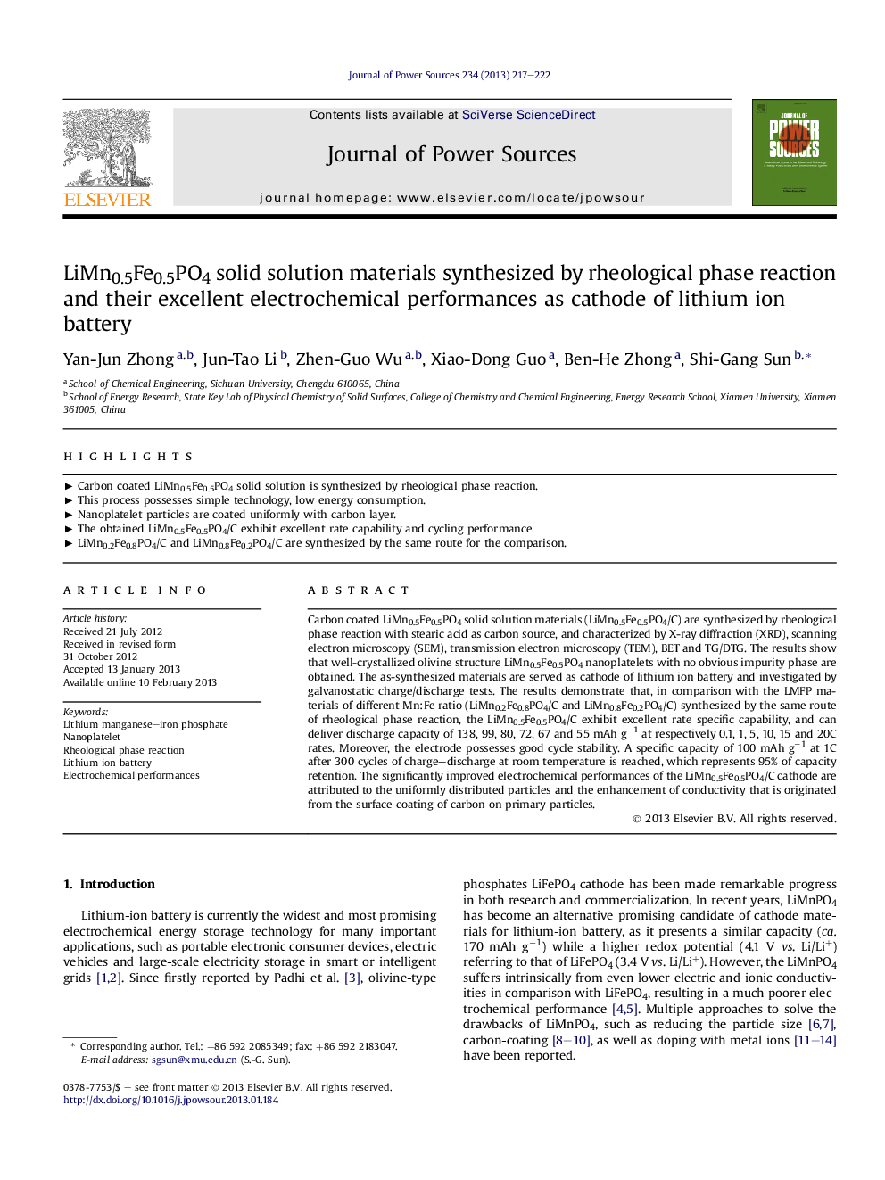 LiMn0.5Fe0.5PO4 solid solution materials synthesized by rheological phase reaction and their excellent electrochemical performances as cathode of lithium ion battery