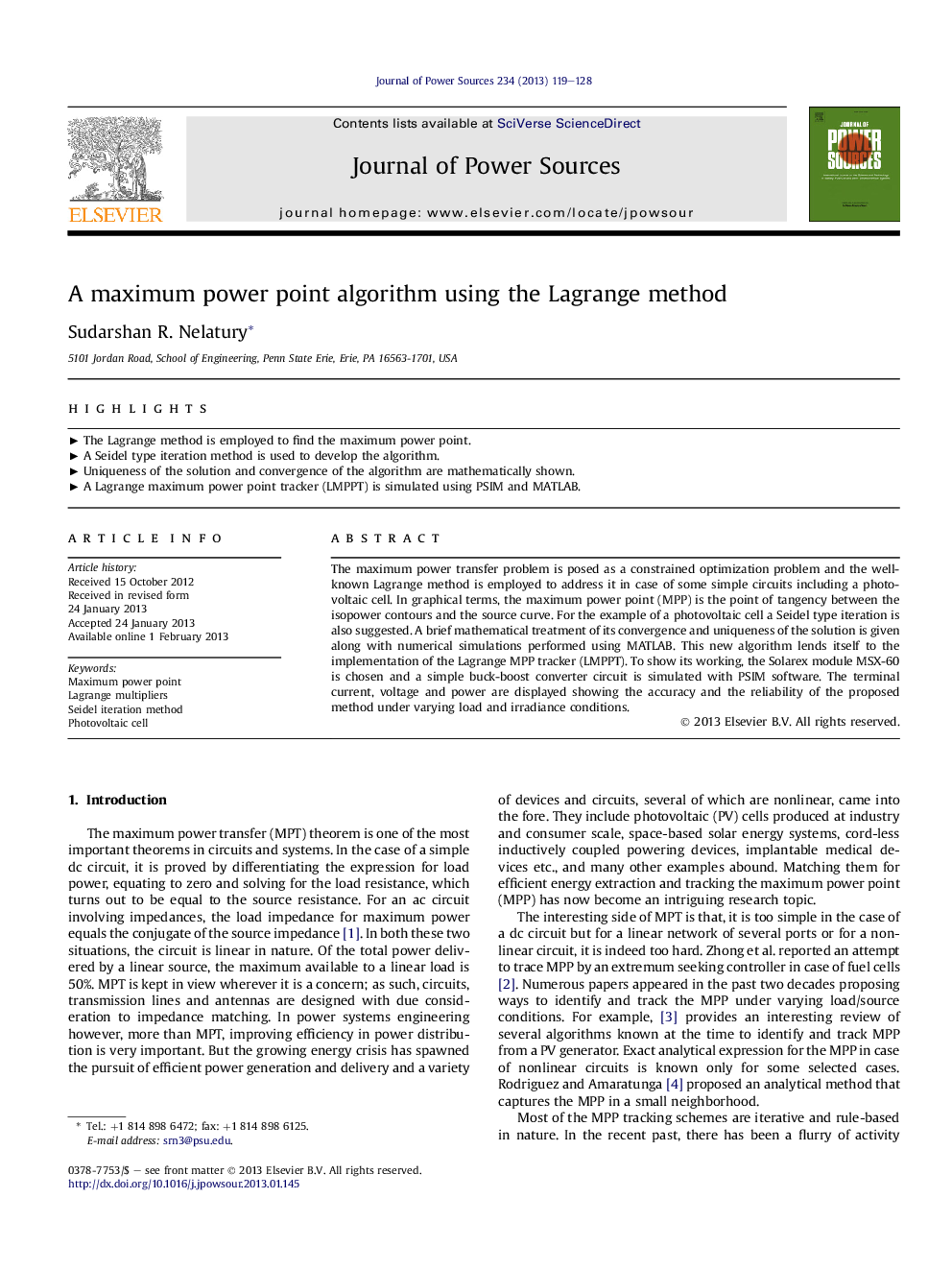 A maximum power point algorithm using the Lagrange method