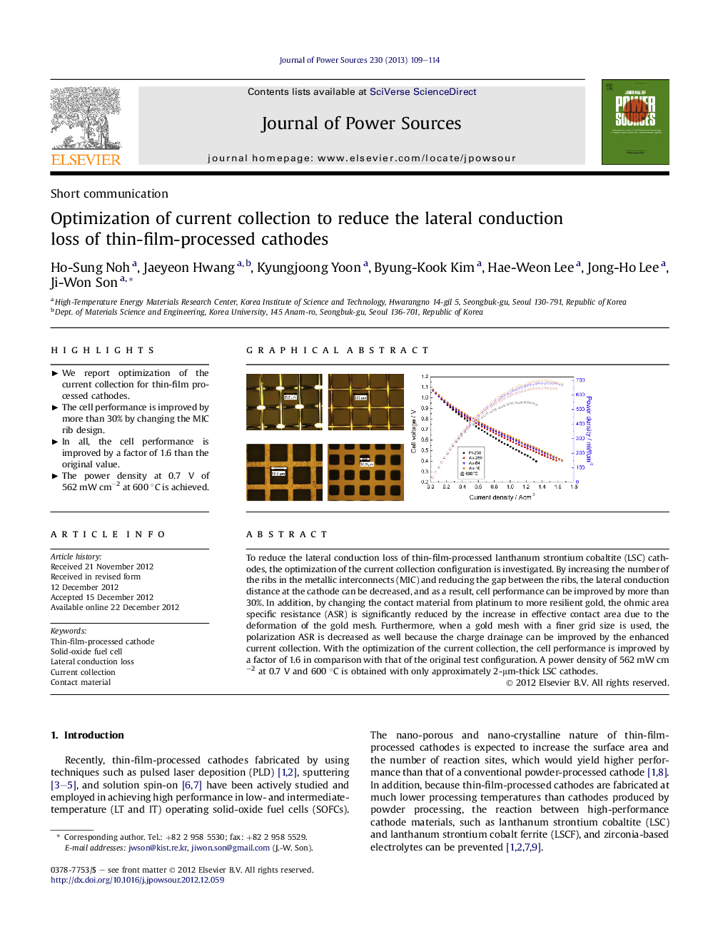 Optimization of current collection to reduce the lateral conduction loss of thin-film-processed cathodes