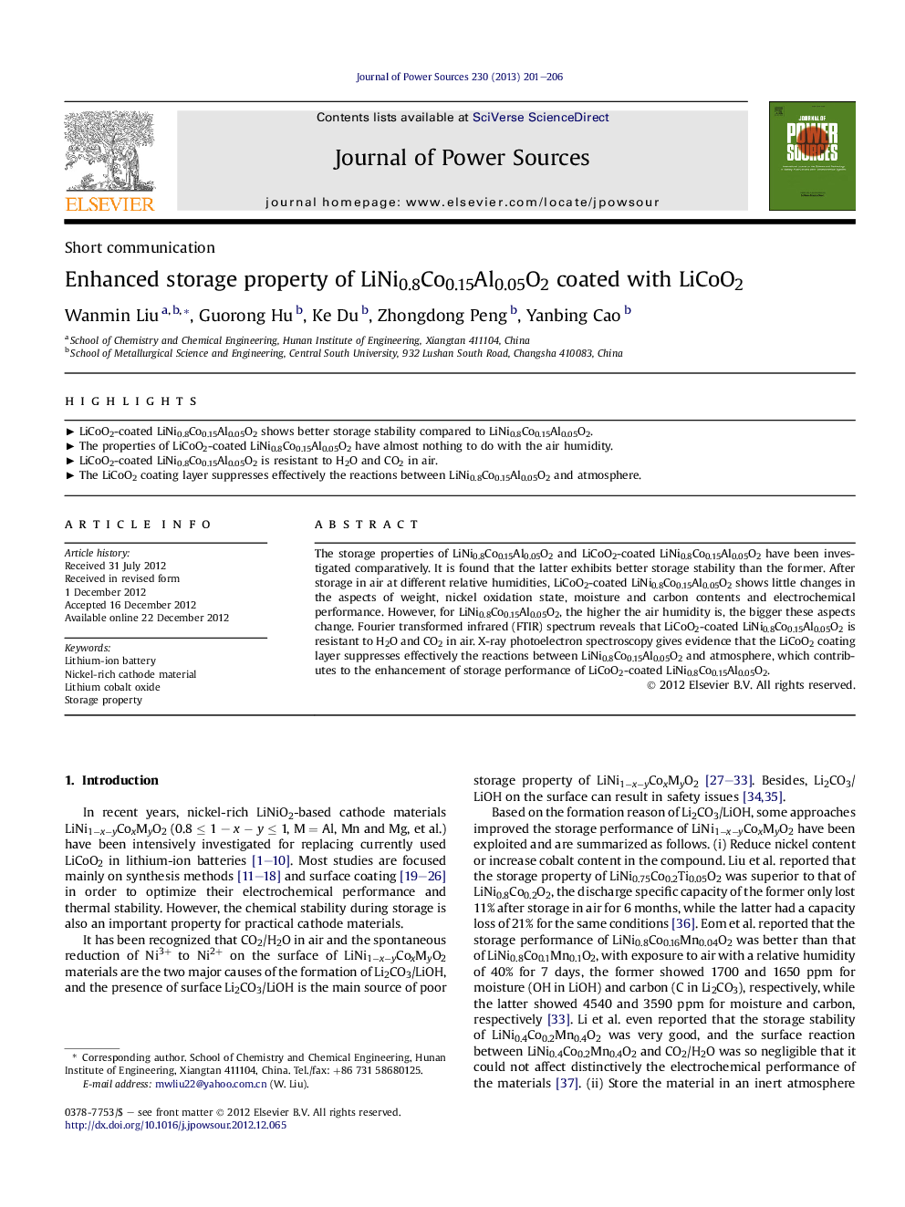 Enhanced storage property of LiNi0.8Co0.15Al0.05O2 coated with LiCoO2