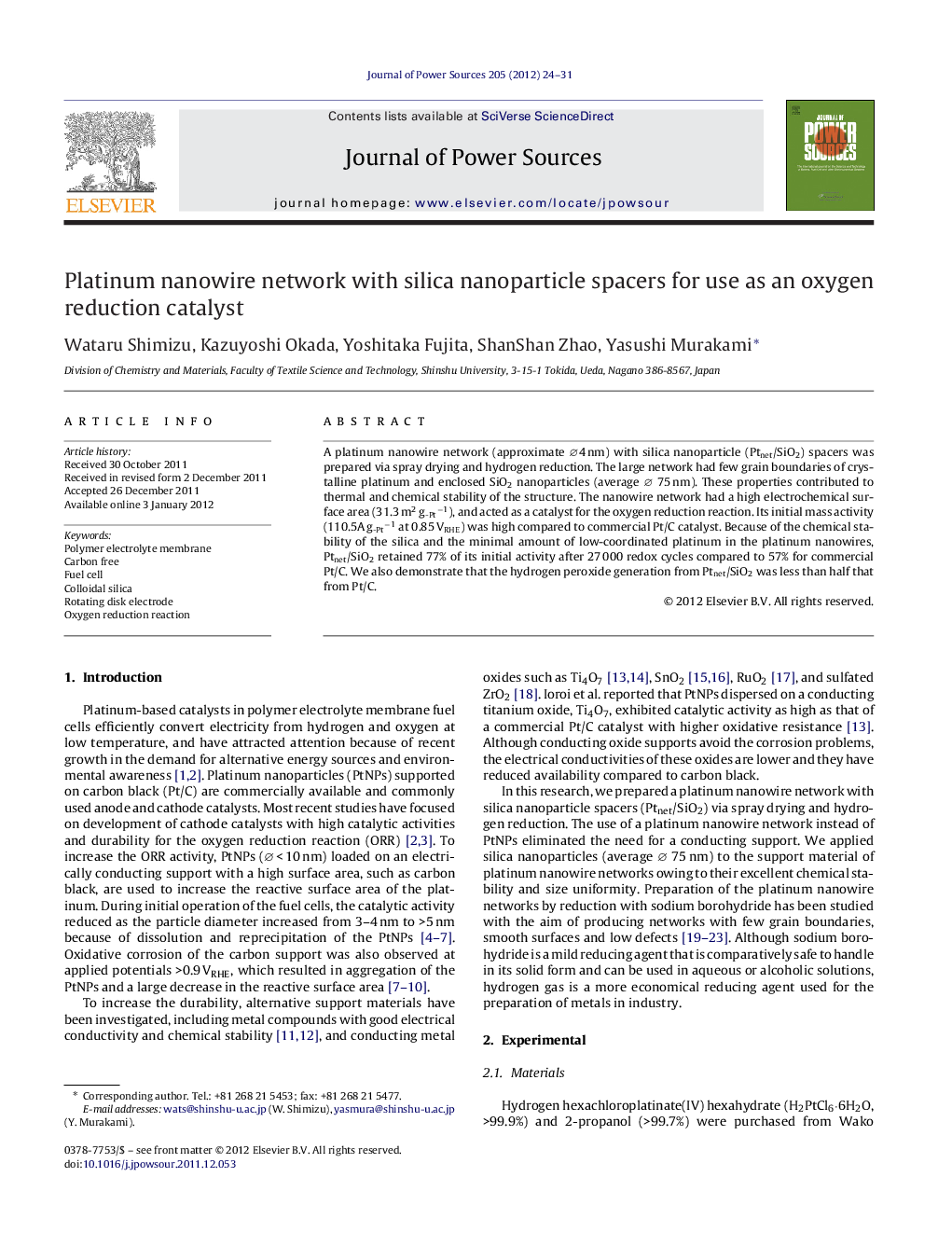 Platinum nanowire network with silica nanoparticle spacers for use as an oxygen reduction catalyst