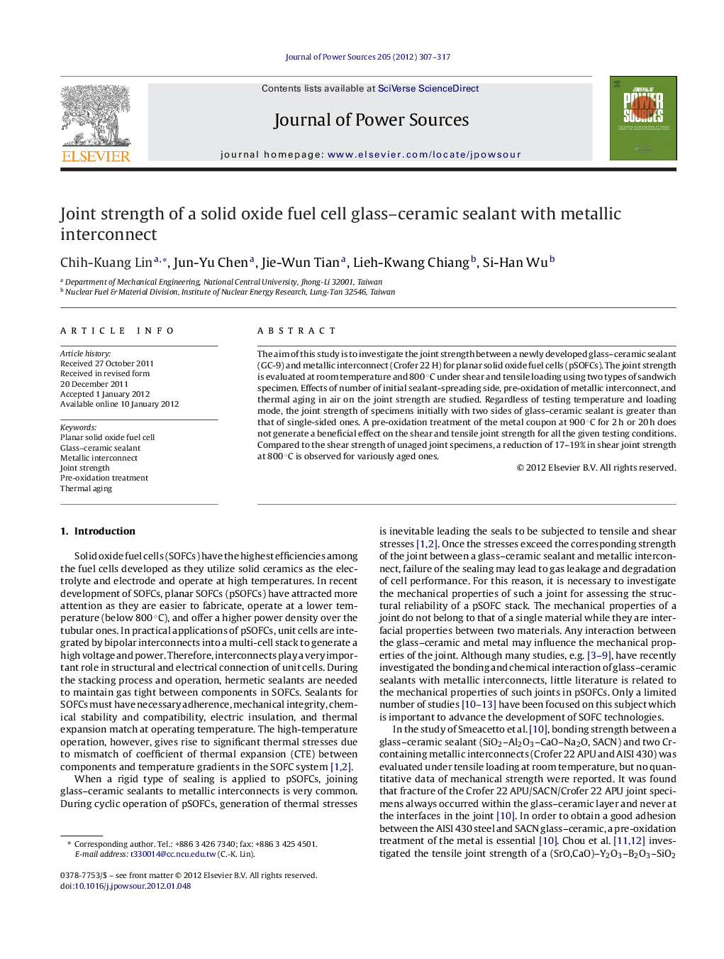 Joint strength of a solid oxide fuel cell glass–ceramic sealant with metallic interconnect