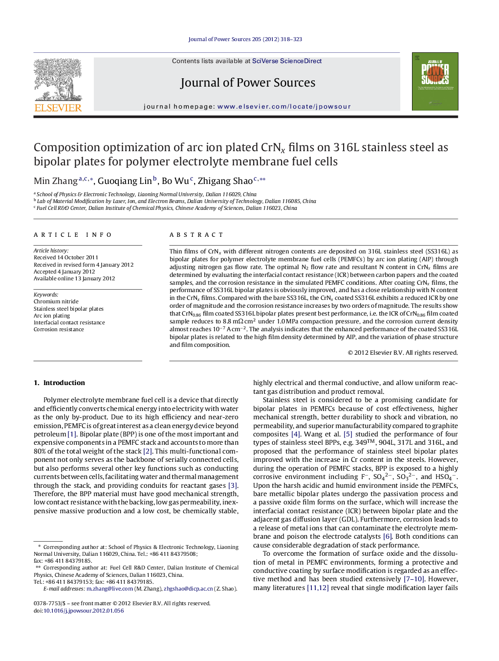 Composition optimization of arc ion plated CrNx films on 316L stainless steel as bipolar plates for polymer electrolyte membrane fuel cells