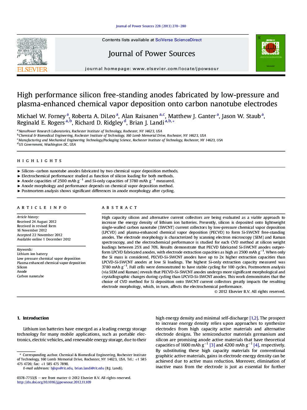 High performance silicon free-standing anodes fabricated by low-pressure and plasma-enhanced chemical vapor deposition onto carbon nanotube electrodes