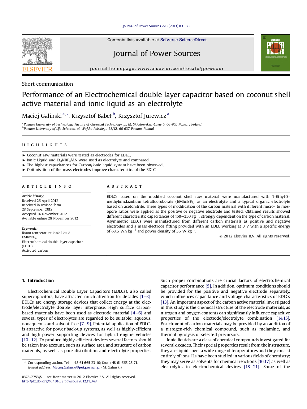 Performance of an Electrochemical double layer capacitor based on coconut shell active material and ionic liquid as an electrolyte