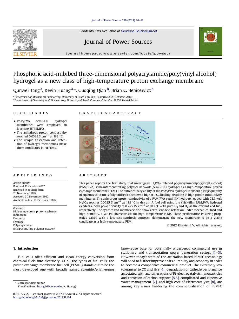 Phosphoric acid-imbibed three-dimensional polyacrylamide/poly(vinyl alcohol) hydrogel as a new class of high-temperature proton exchange membrane