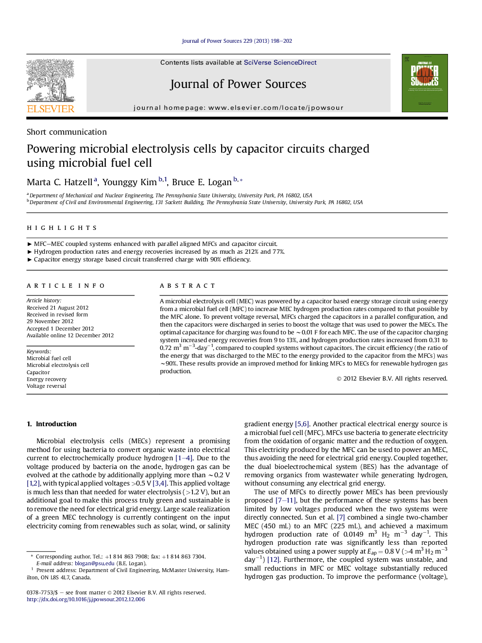 Powering microbial electrolysis cells by capacitor circuits charged using microbial fuel cell