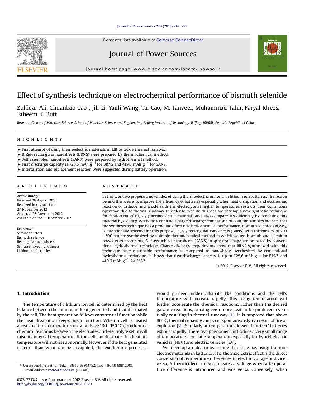 Effect of synthesis technique on electrochemical performance of bismuth selenide