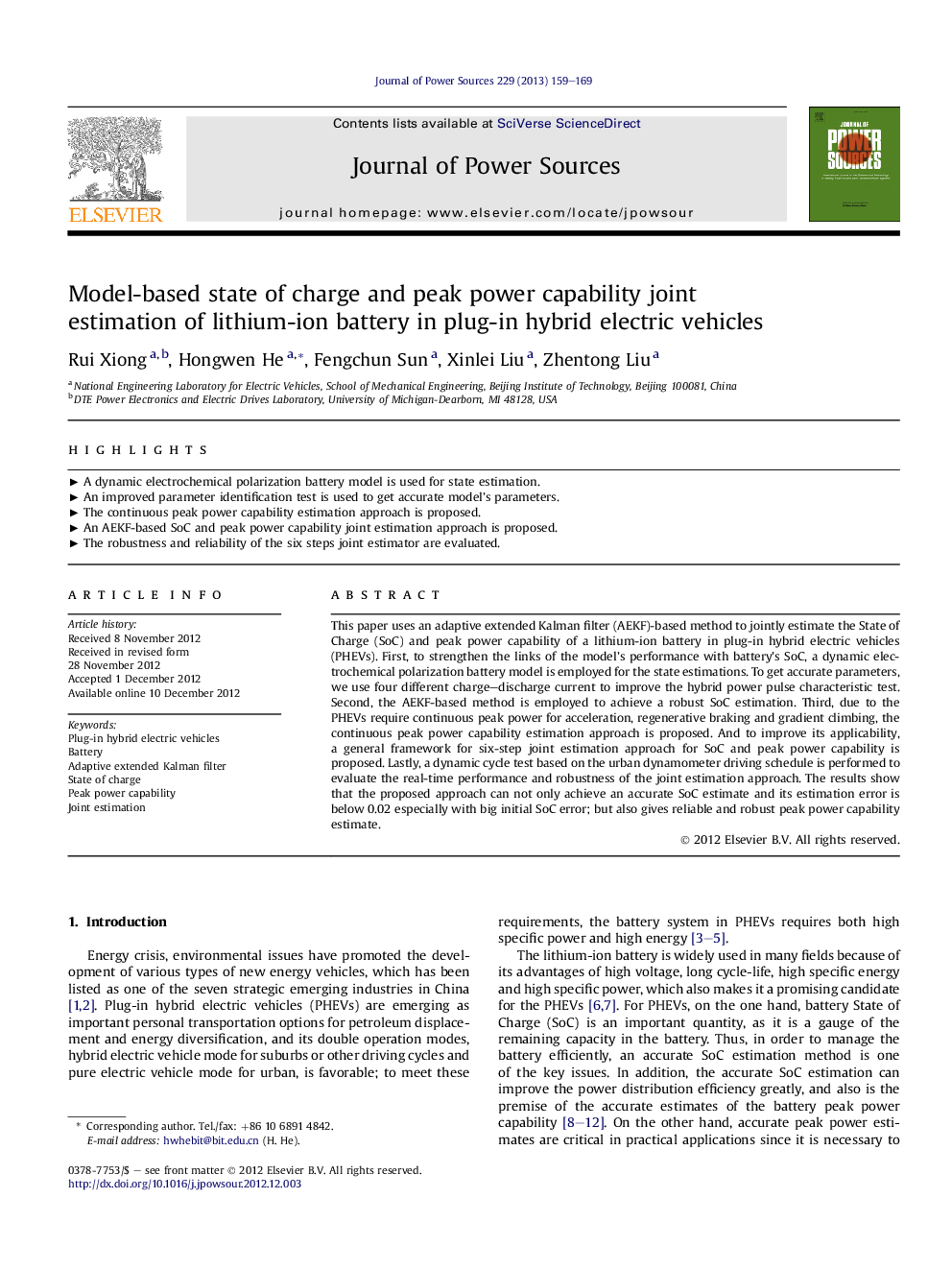 Model-based state of charge and peak power capability joint estimation of lithium-ion battery in plug-in hybrid electric vehicles