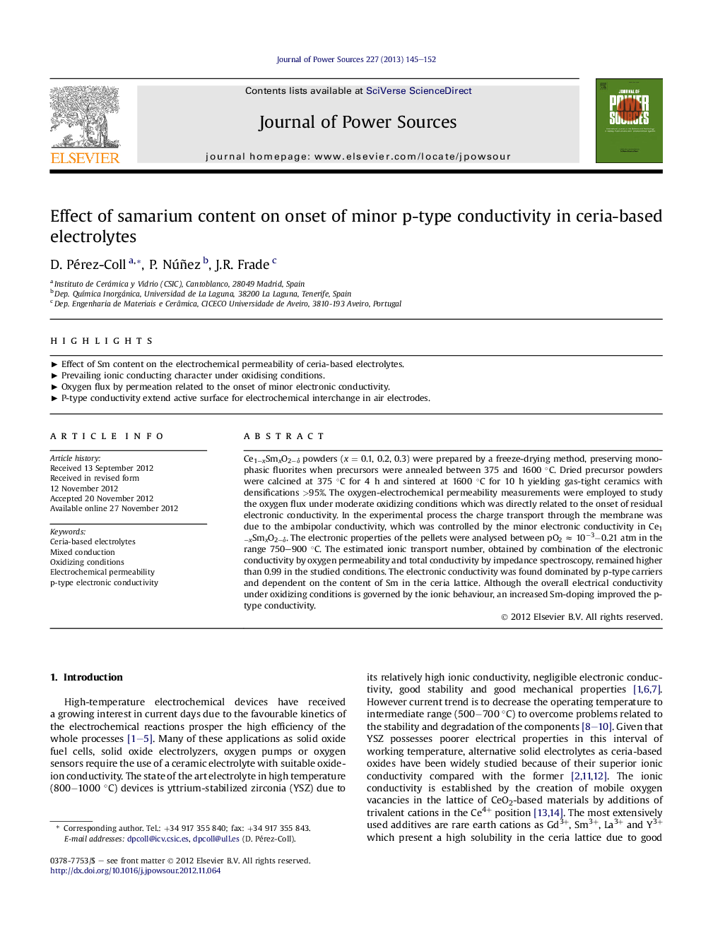 Effect of samarium content on onset of minor p-type conductivity in ceria-based electrolytes