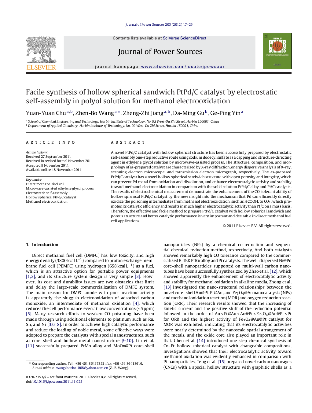 Facile synthesis of hollow spherical sandwich PtPd/C catalyst by electrostatic self-assembly in polyol solution for methanol electrooxidation