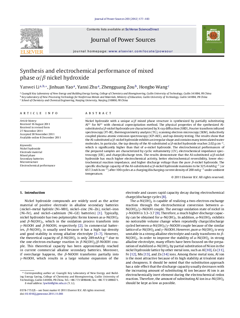 Synthesis and electrochemical performance of mixed phase α/β nickel hydroxide