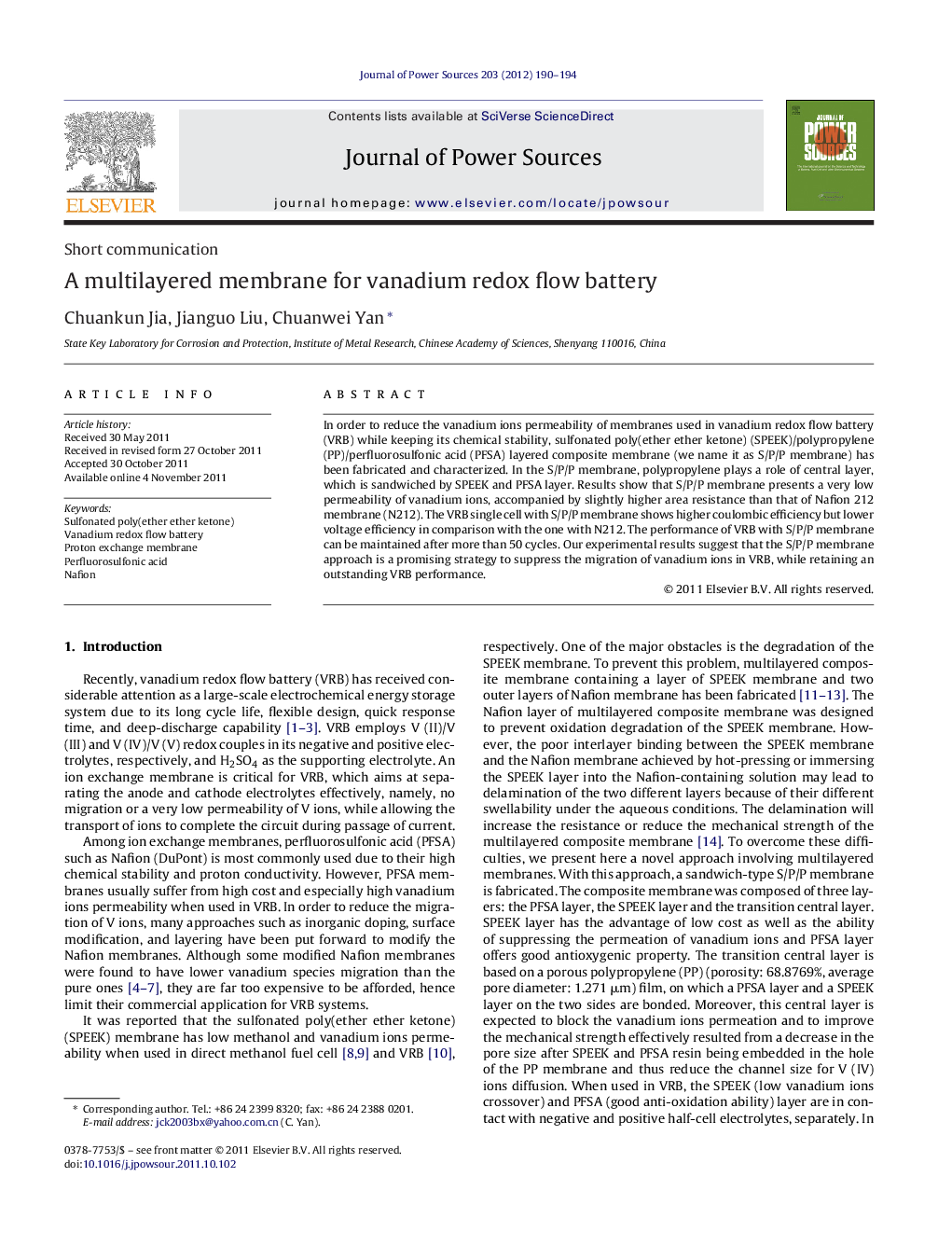 A multilayered membrane for vanadium redox flow battery