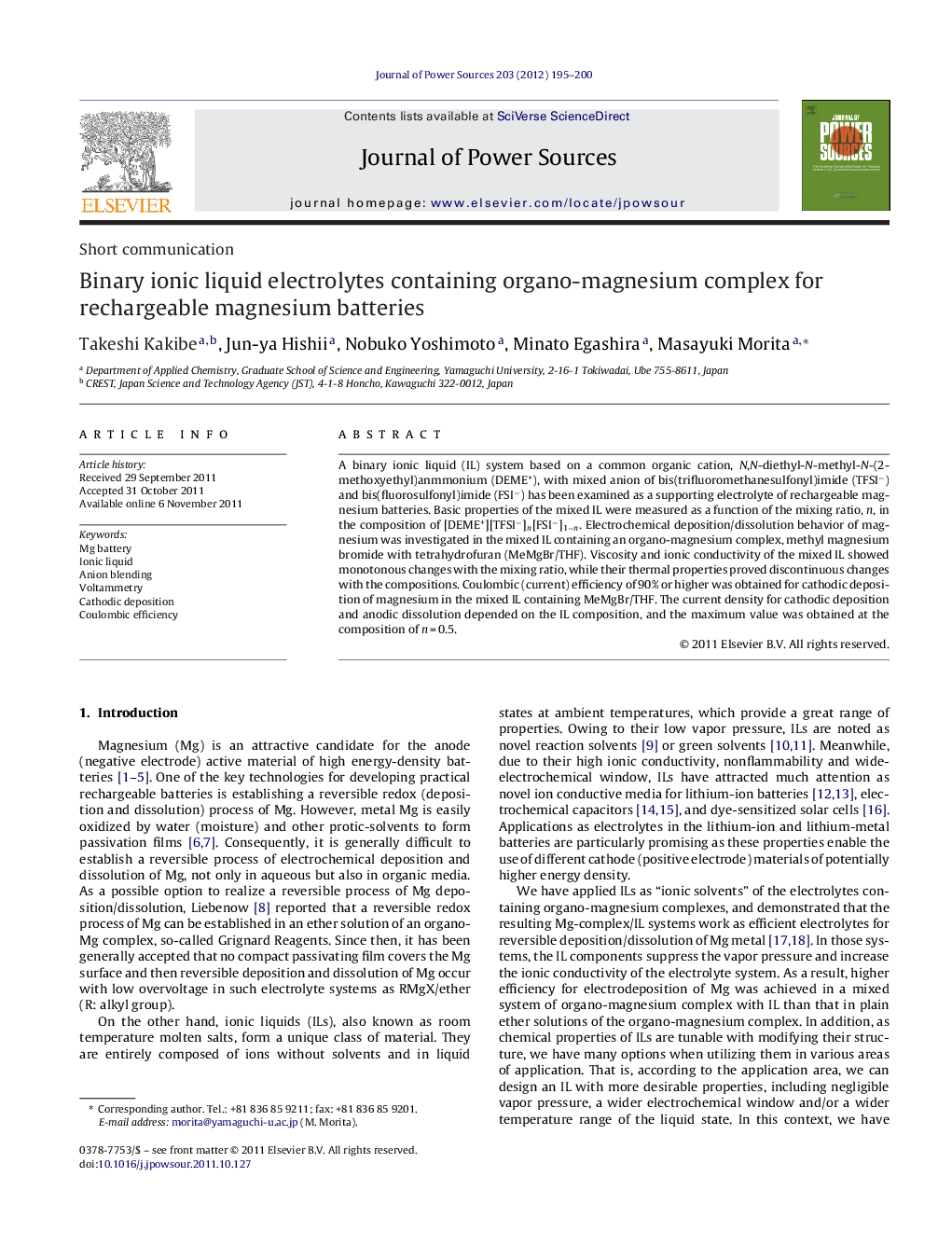 Binary ionic liquid electrolytes containing organo-magnesium complex for rechargeable magnesium batteries