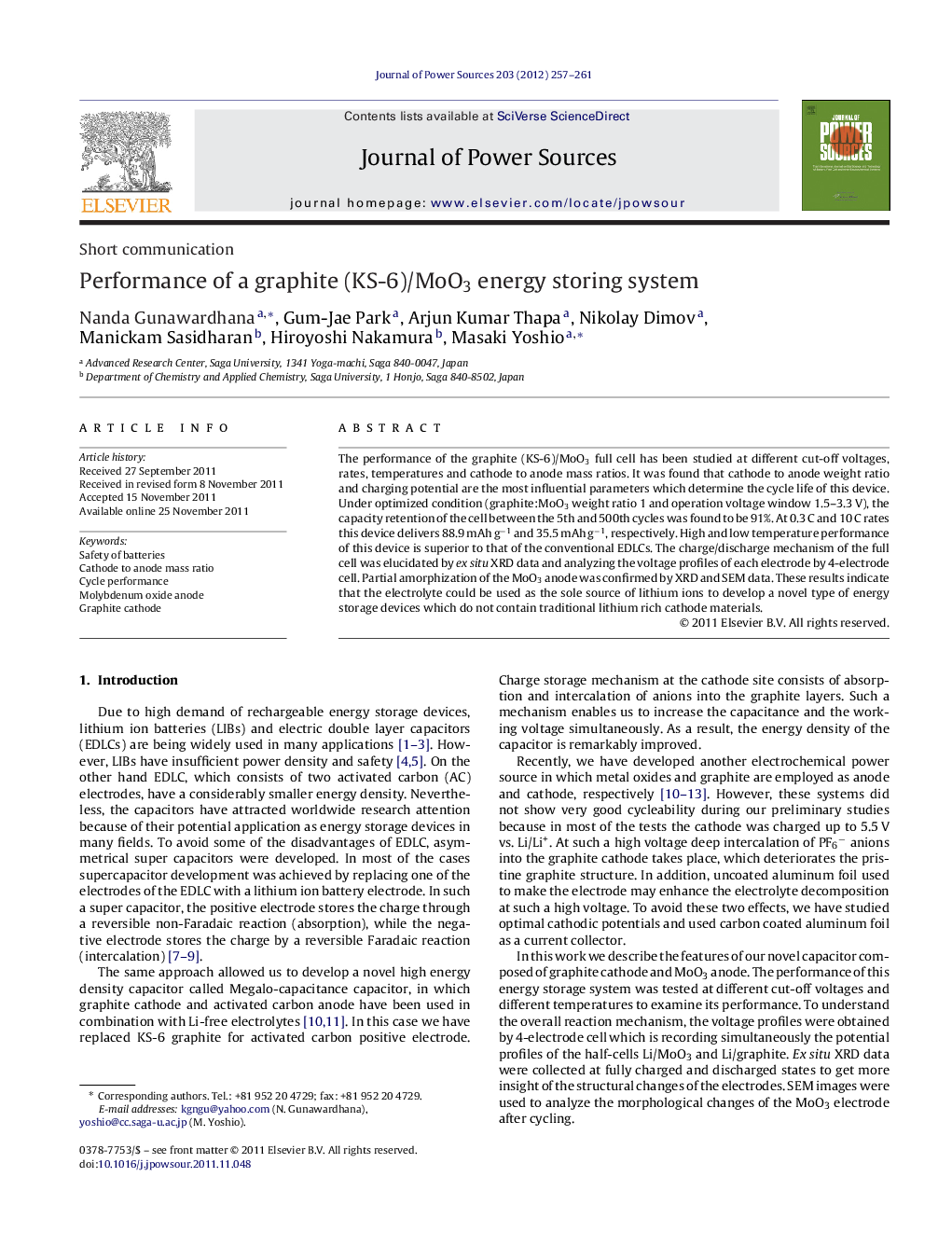 Performance of a graphite (KS-6)/MoO3 energy storing system