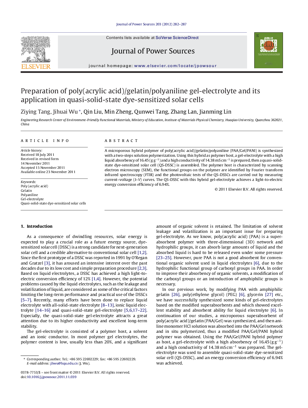 Preparation of poly(acrylic acid)/gelatin/polyaniline gel-electrolyte and its application in quasi-solid-state dye-sensitized solar cells