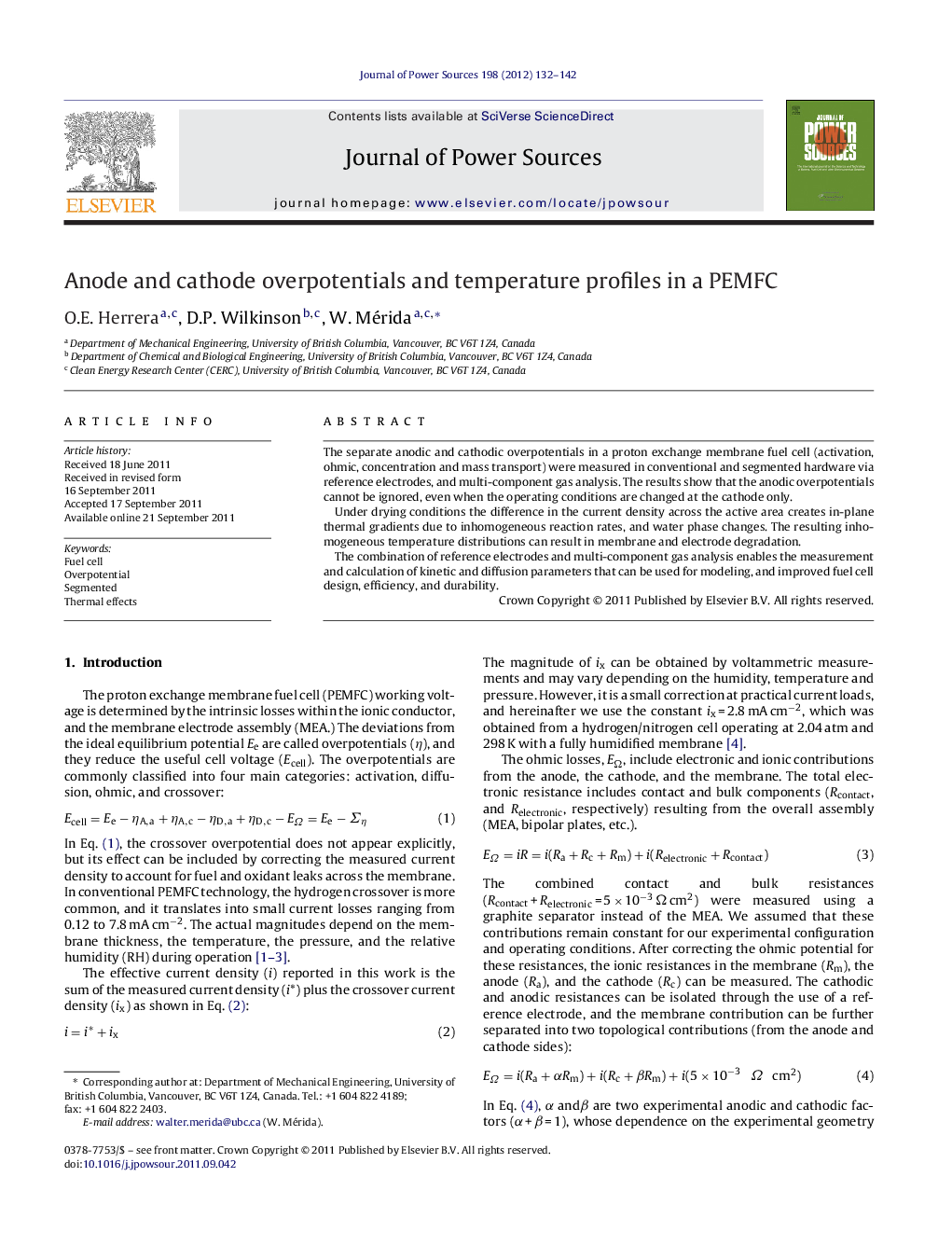 Anode and cathode overpotentials and temperature profiles in a PEMFC