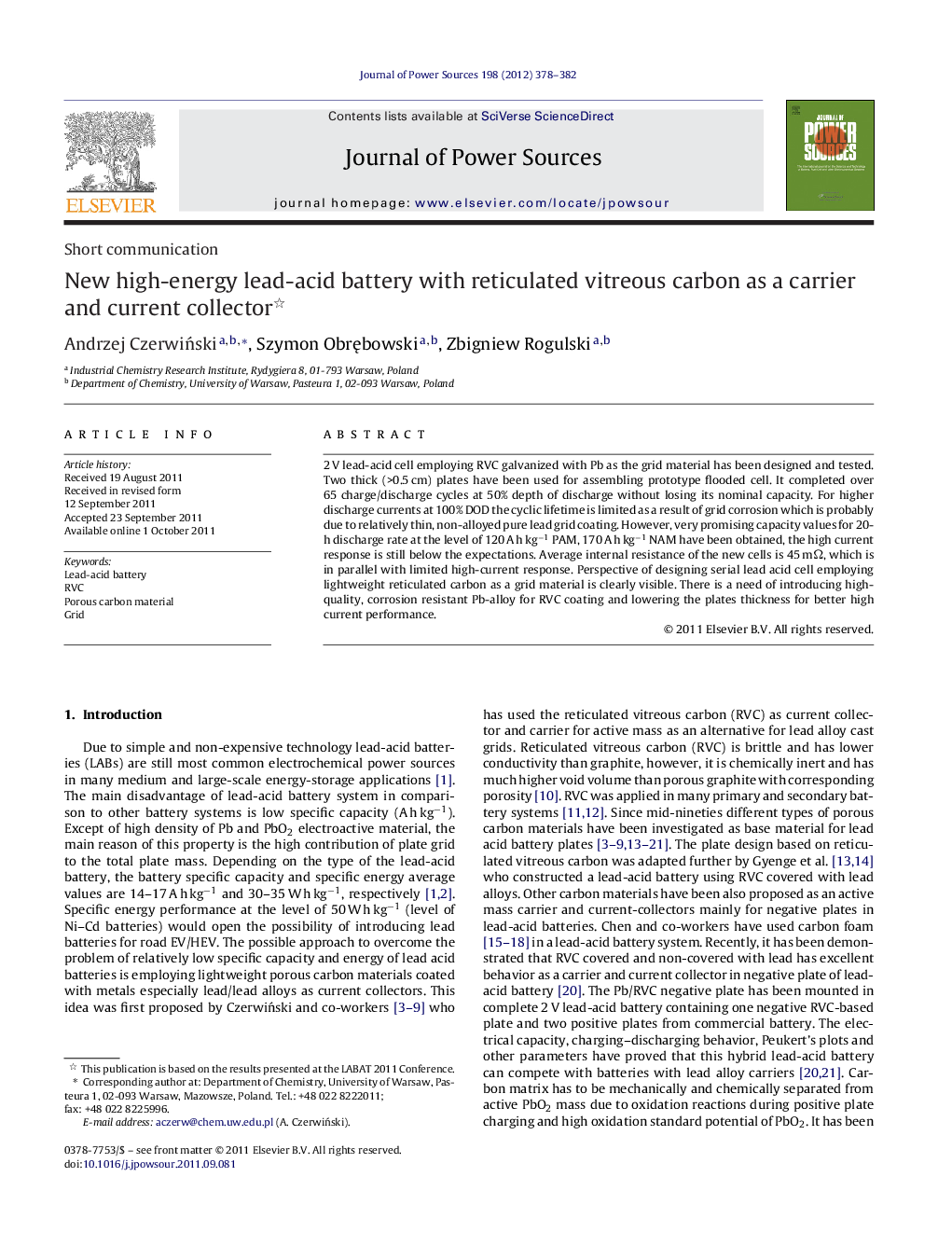 New high-energy lead-acid battery with reticulated vitreous carbon as a carrier and current collector 