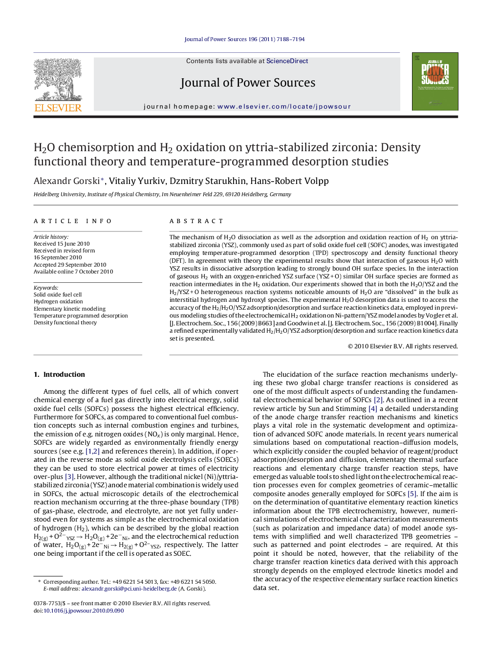 H2O chemisorption and H2 oxidation on yttria-stabilized zirconia: Density functional theory and temperature-programmed desorption studies