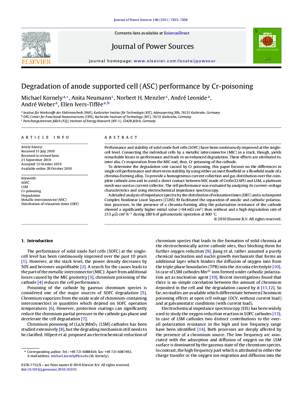 Degradation of anode supported cell (ASC) performance by Cr-poisoning