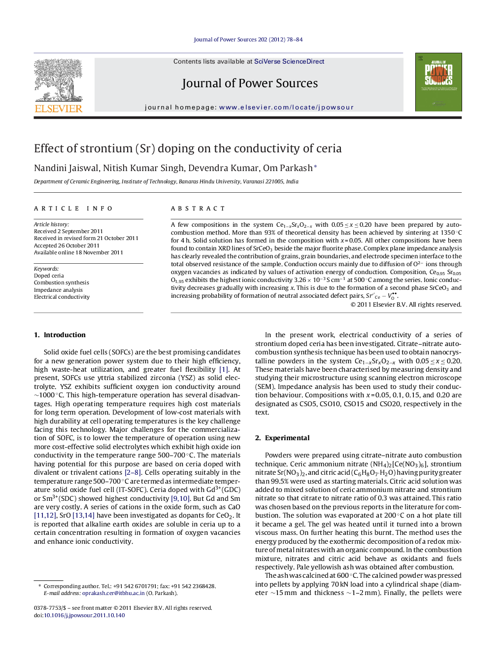 Effect of strontium (Sr) doping on the conductivity of ceria