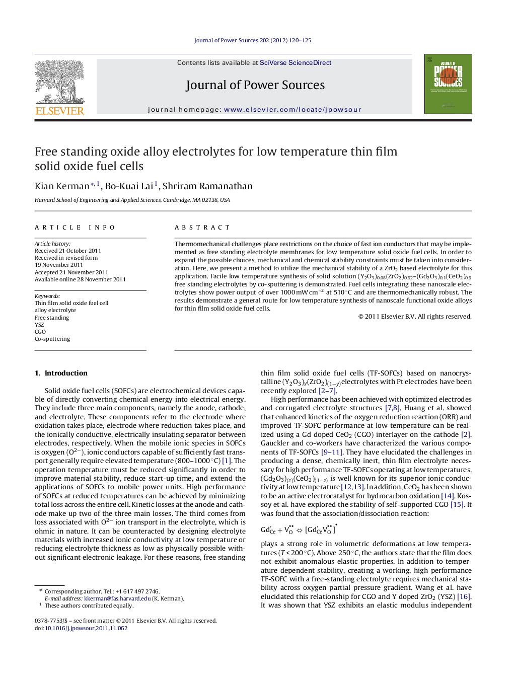 Free standing oxide alloy electrolytes for low temperature thin film solid oxide fuel cells