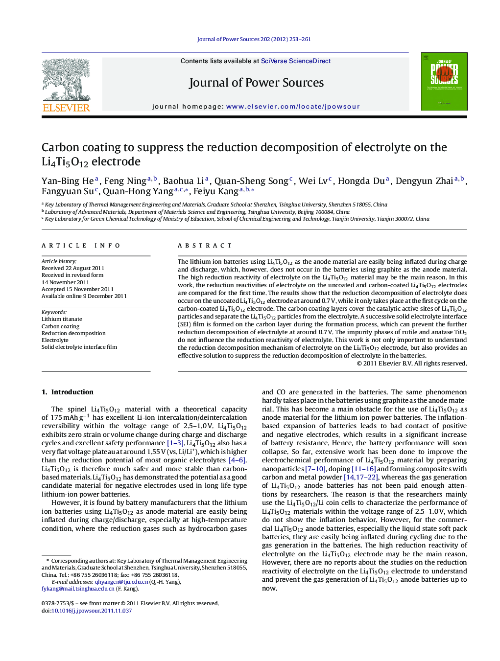 Carbon coating to suppress the reduction decomposition of electrolyte on the Li4Ti5O12 electrode