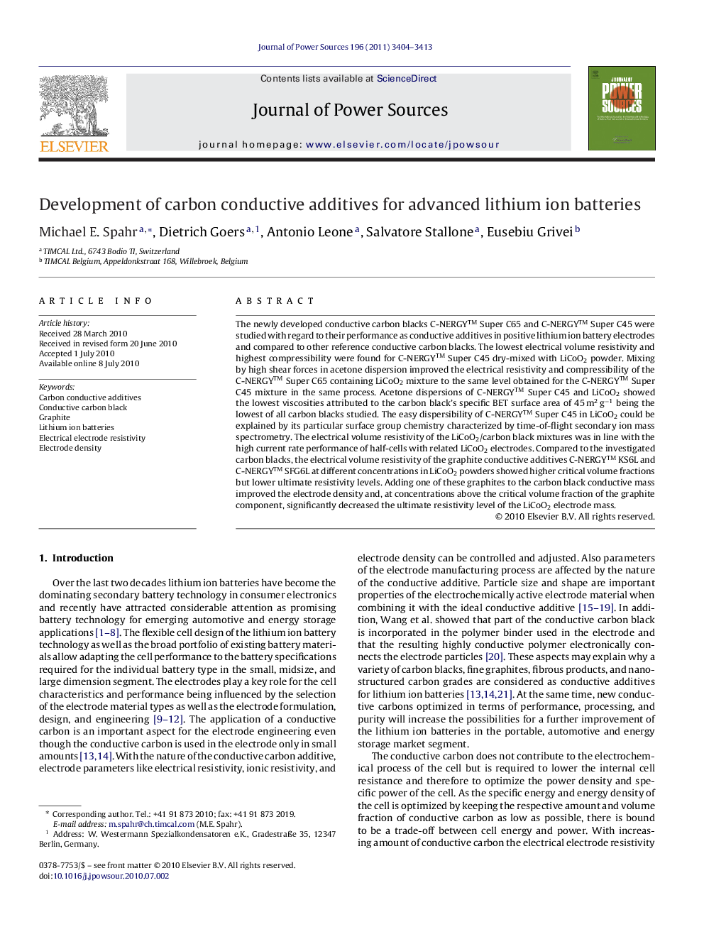 Development of carbon conductive additives for advanced lithium ion batteries