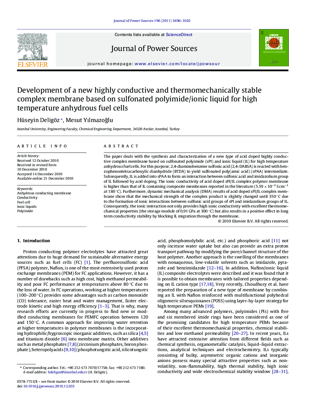 Development of a new highly conductive and thermomechanically stable complex membrane based on sulfonated polyimide/ionic liquid for high temperature anhydrous fuel cells