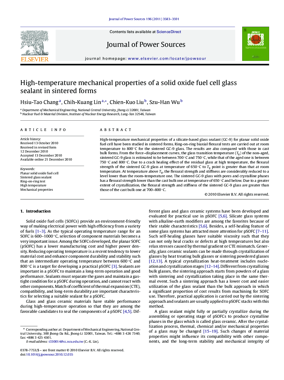 High-temperature mechanical properties of a solid oxide fuel cell glass sealant in sintered forms