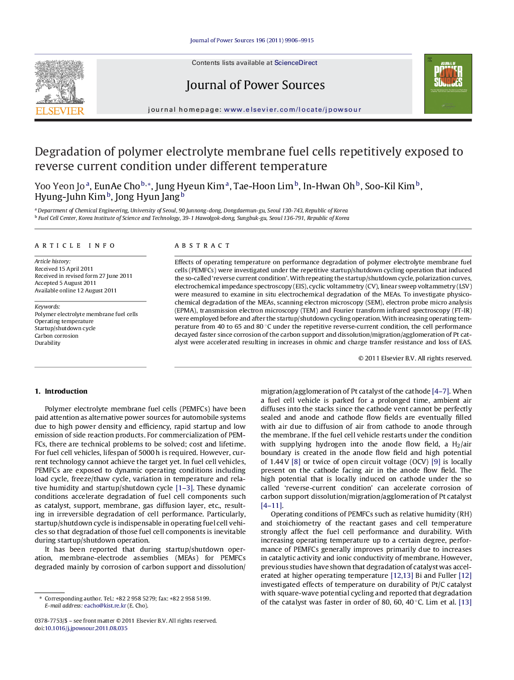 Degradation of polymer electrolyte membrane fuel cells repetitively exposed to reverse current condition under different temperature