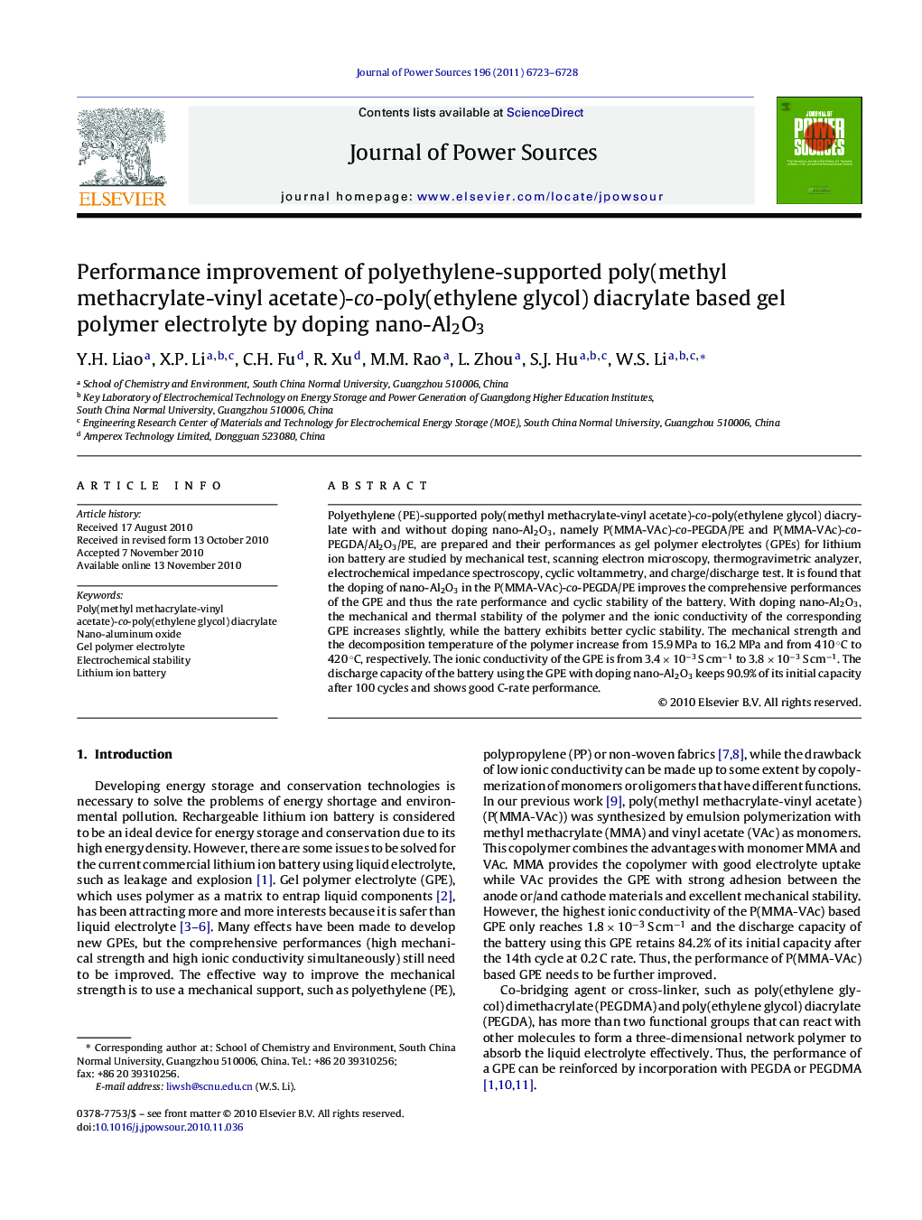 Performance improvement of polyethylene-supported poly(methyl methacrylate-vinyl acetate)-co-poly(ethylene glycol) diacrylate based gel polymer electrolyte by doping nano-Al2O3