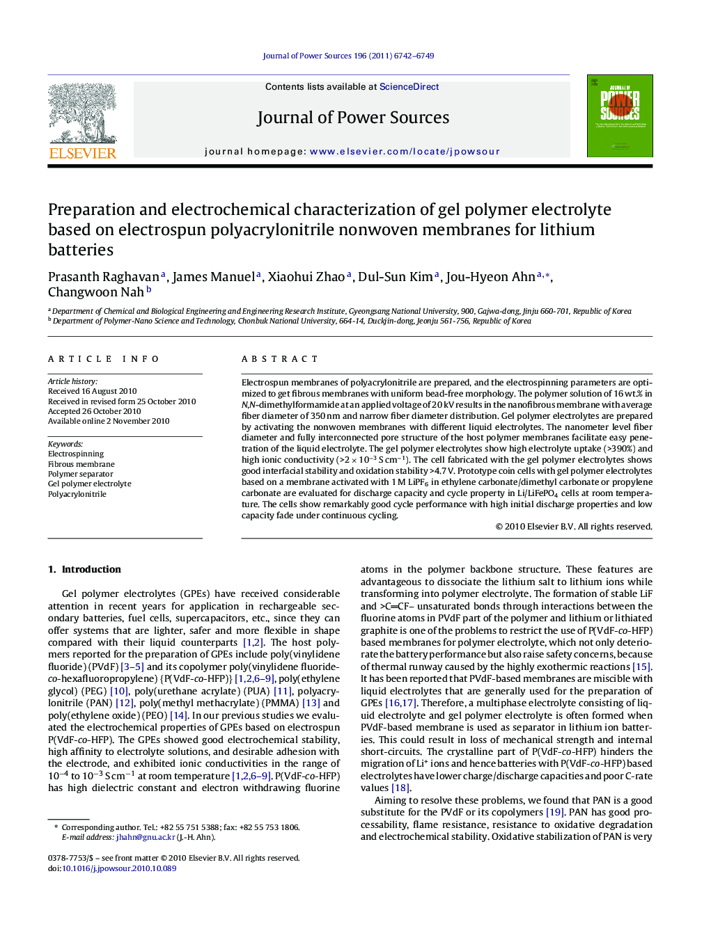 Preparation and electrochemical characterization of gel polymer electrolyte based on electrospun polyacrylonitrile nonwoven membranes for lithium batteries