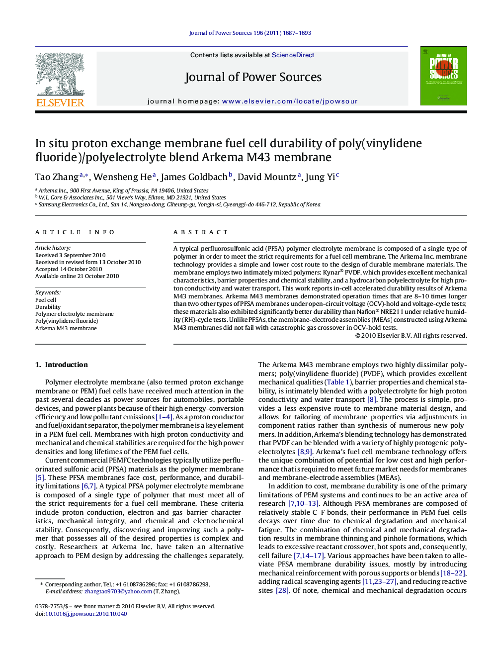 In situ proton exchange membrane fuel cell durability of poly(vinylidene fluoride)/polyelectrolyte blend Arkema M43 membrane