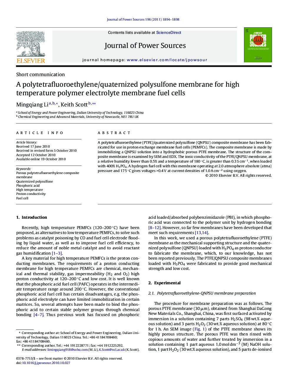 A polytetrafluoroethylene/quaternized polysulfone membrane for high temperature polymer electrolyte membrane fuel cells