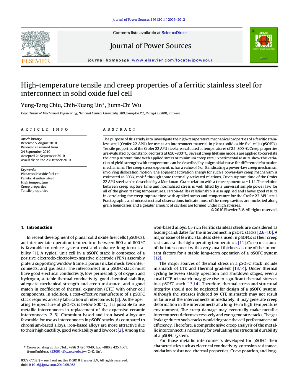 High-temperature tensile and creep properties of a ferritic stainless steel for interconnect in solid oxide fuel cell