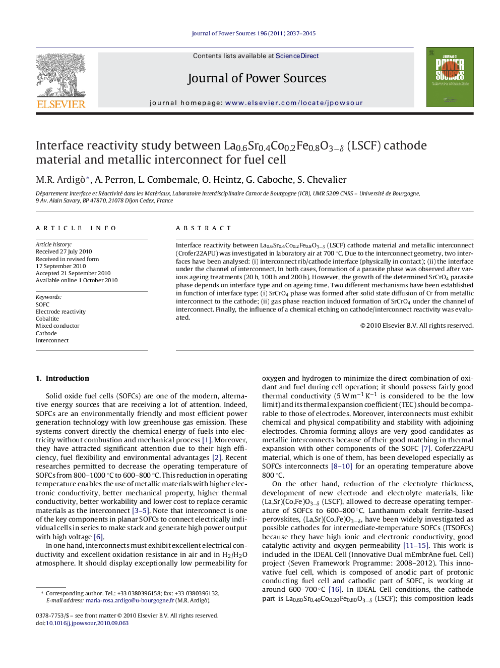 Interface reactivity study between La0.6Sr0.4Co0.2Fe0.8O3−δ (LSCF) cathode material and metallic interconnect for fuel cell