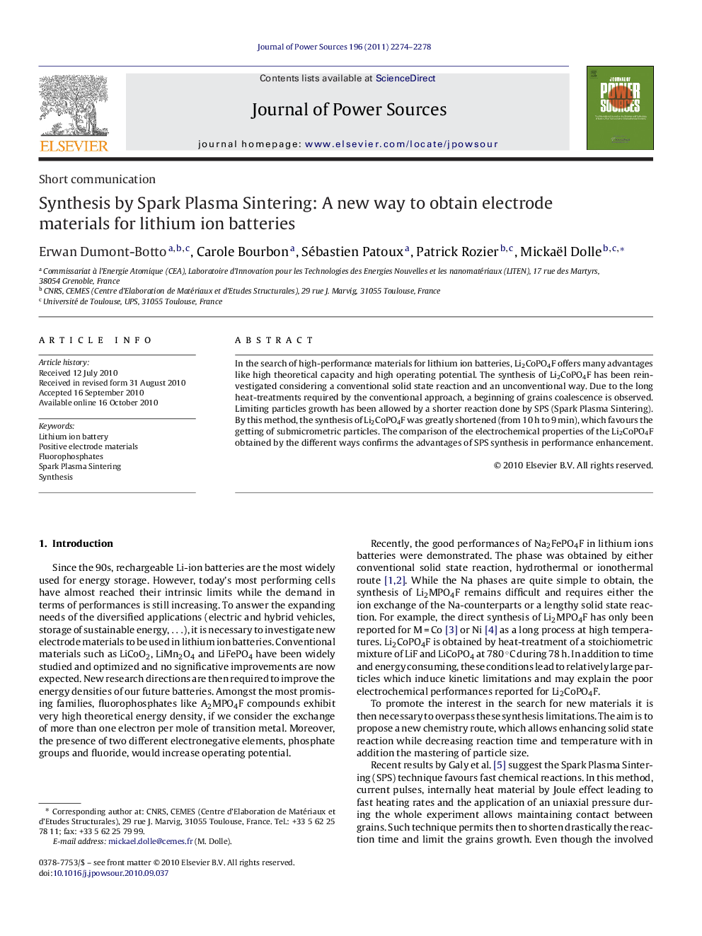 Synthesis by Spark Plasma Sintering: A new way to obtain electrode materials for lithium ion batteries