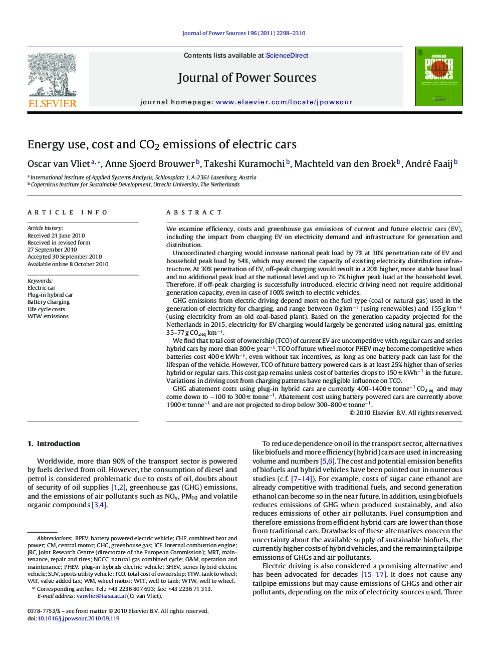 Energy use, cost and CO2 emissions of electric cars