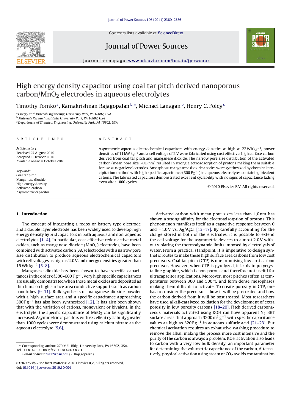 High energy density capacitor using coal tar pitch derived nanoporous carbon/MnO2 electrodes in aqueous electrolytes