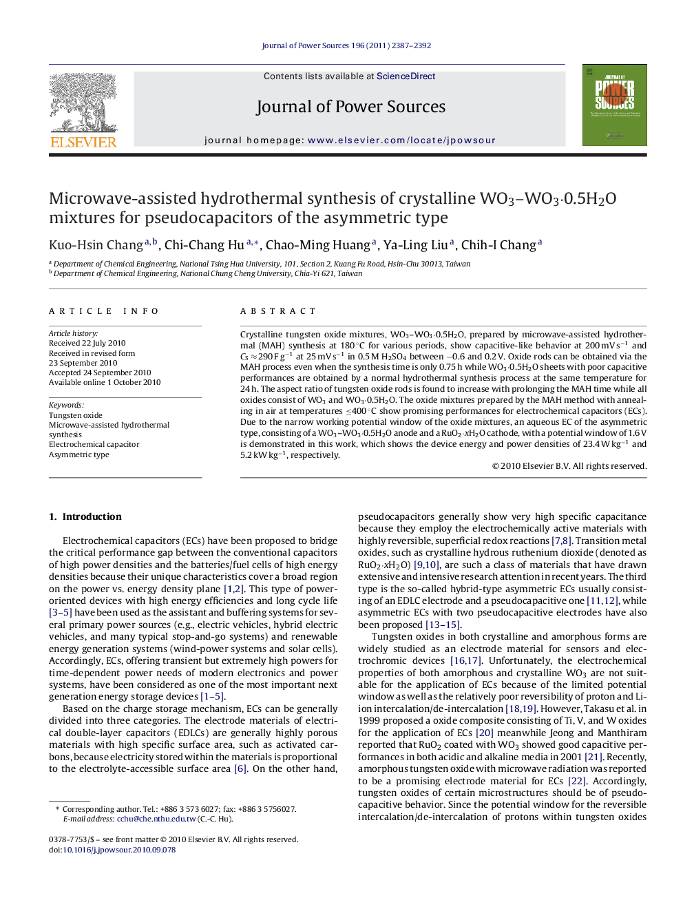 Microwave-assisted hydrothermal synthesis of crystalline WO3–WO3·0.5H2O mixtures for pseudocapacitors of the asymmetric type