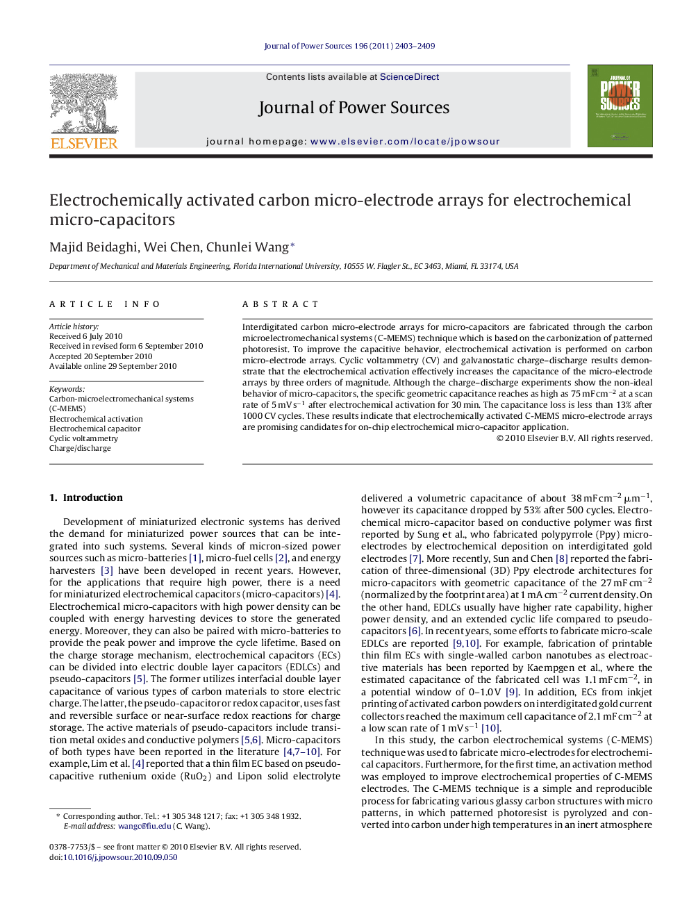 Electrochemically activated carbon micro-electrode arrays for electrochemical micro-capacitors