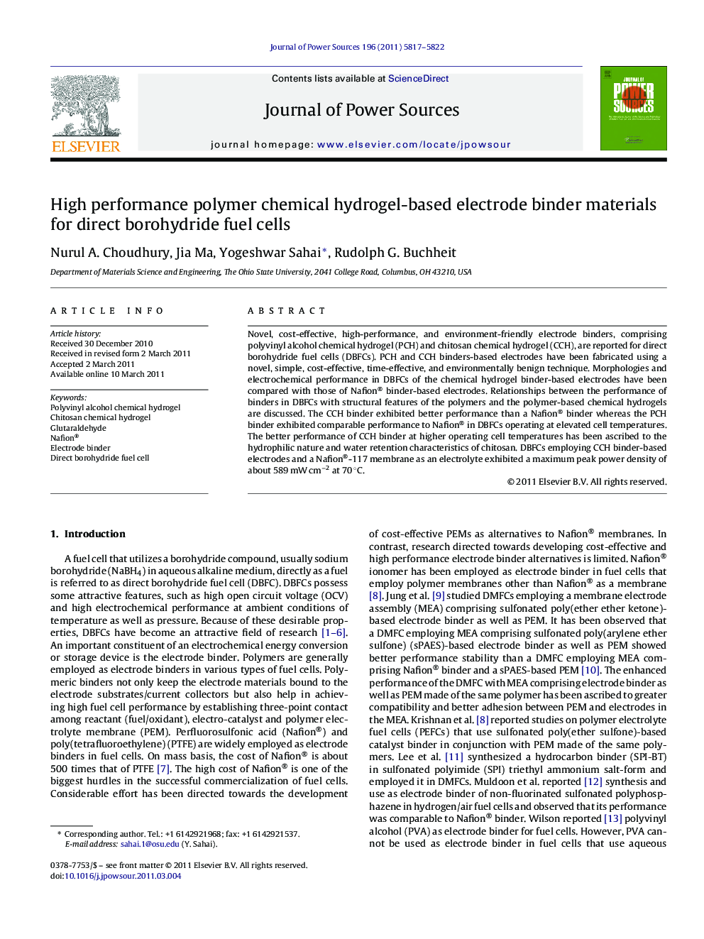 High performance polymer chemical hydrogel-based electrode binder materials for direct borohydride fuel cells