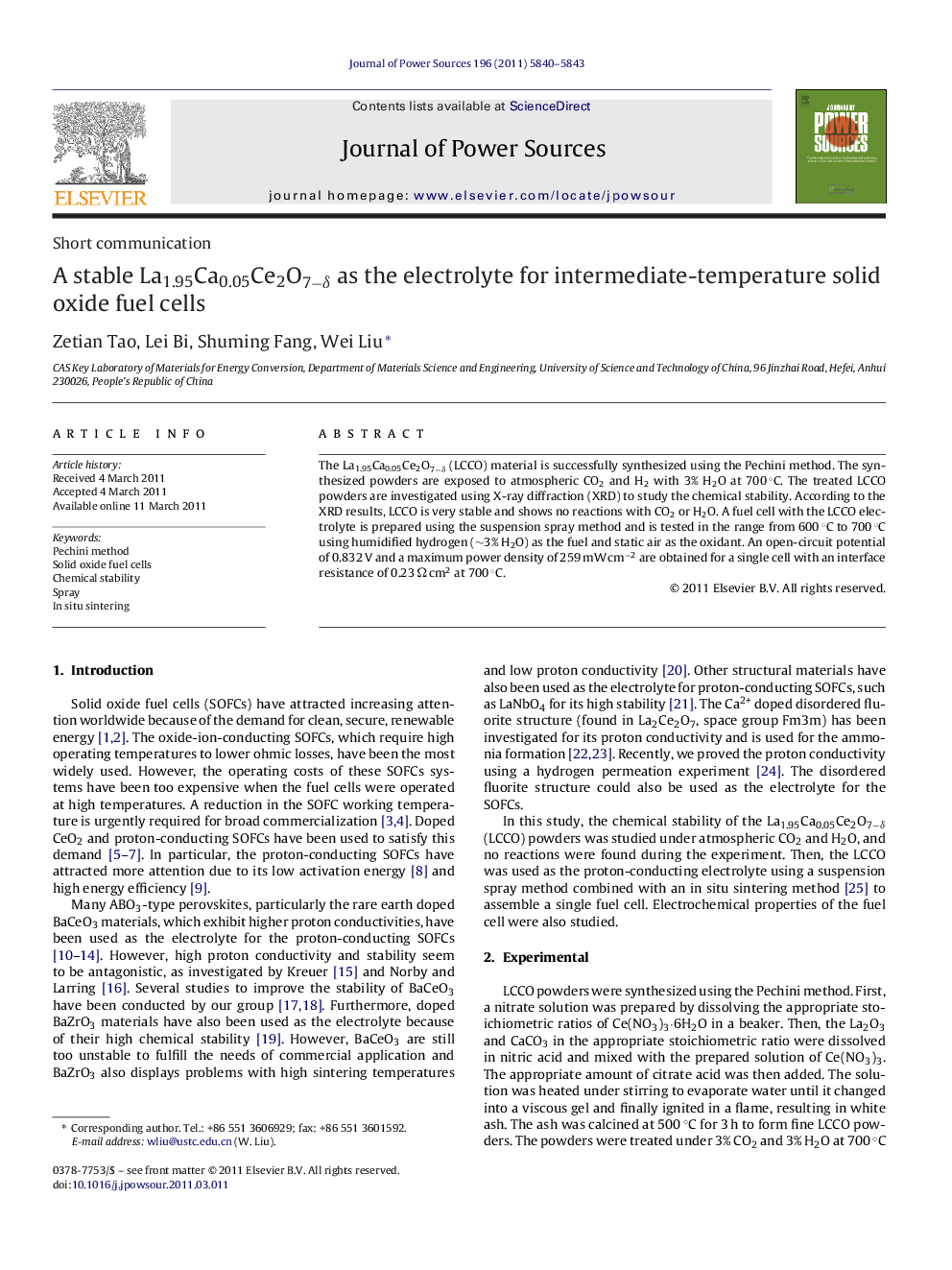 A stable La1.95Ca0.05Ce2O7−δ as the electrolyte for intermediate-temperature solid oxide fuel cells