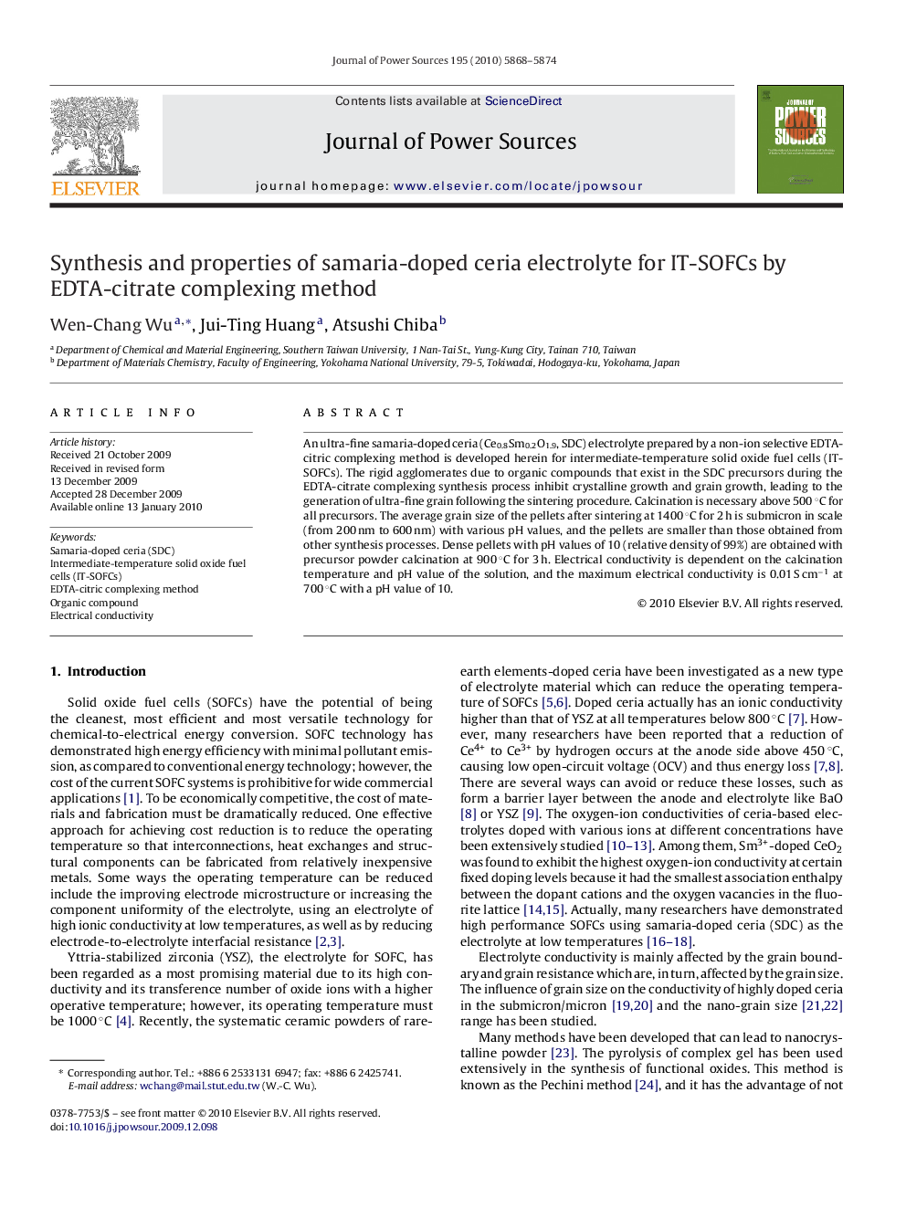 Synthesis and properties of samaria-doped ceria electrolyte for IT-SOFCs by EDTA-citrate complexing method