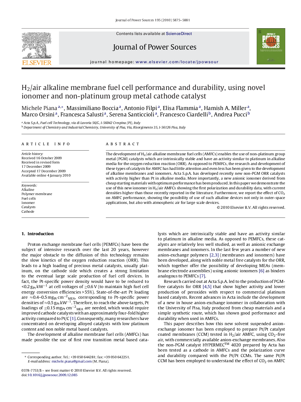 H2/air alkaline membrane fuel cell performance and durability, using novel ionomer and non-platinum group metal cathode catalyst