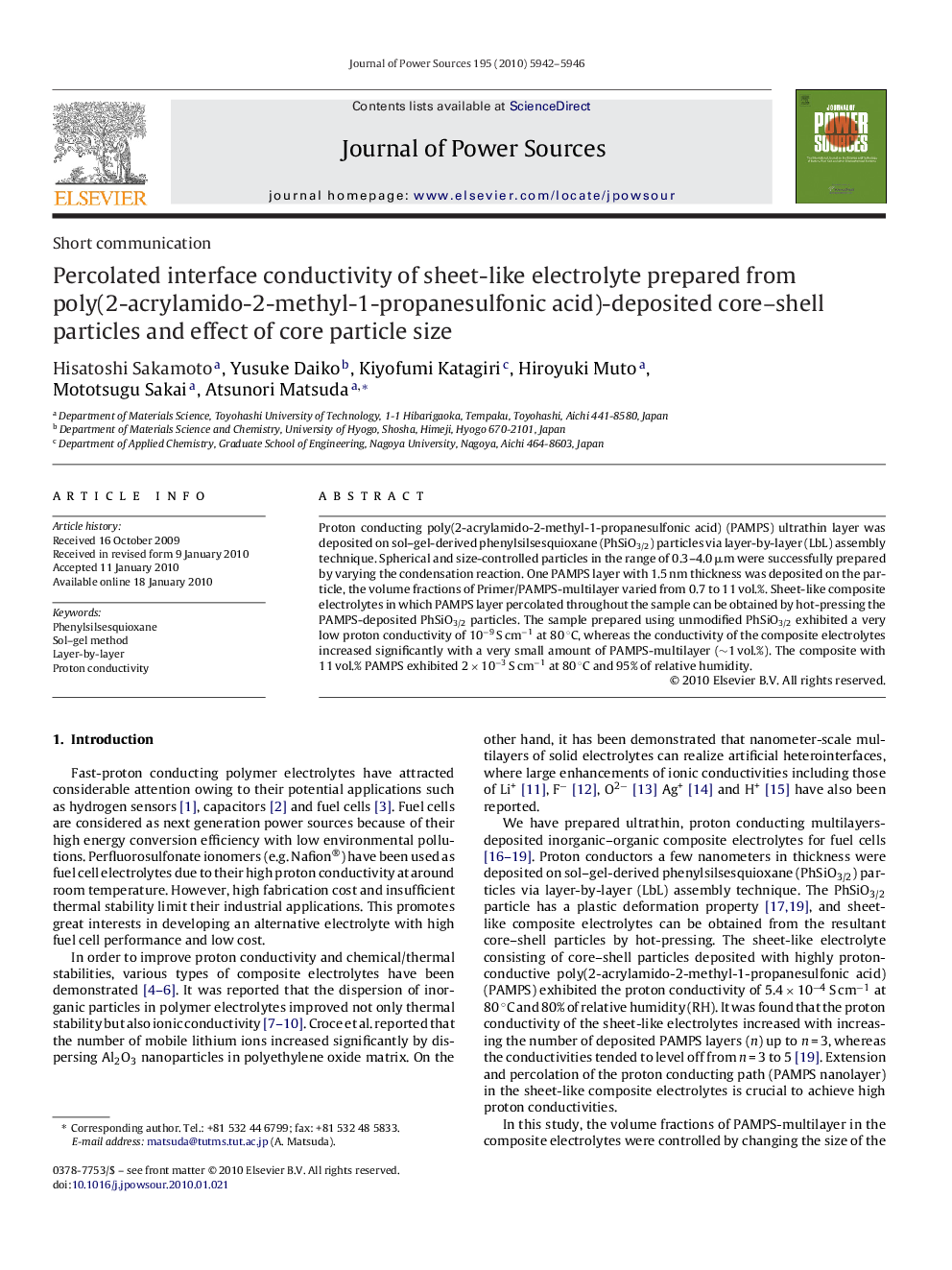 Percolated interface conductivity of sheet-like electrolyte prepared from poly(2-acrylamido-2-methyl-1-propanesulfonic acid)-deposited core–shell particles and effect of core particle size